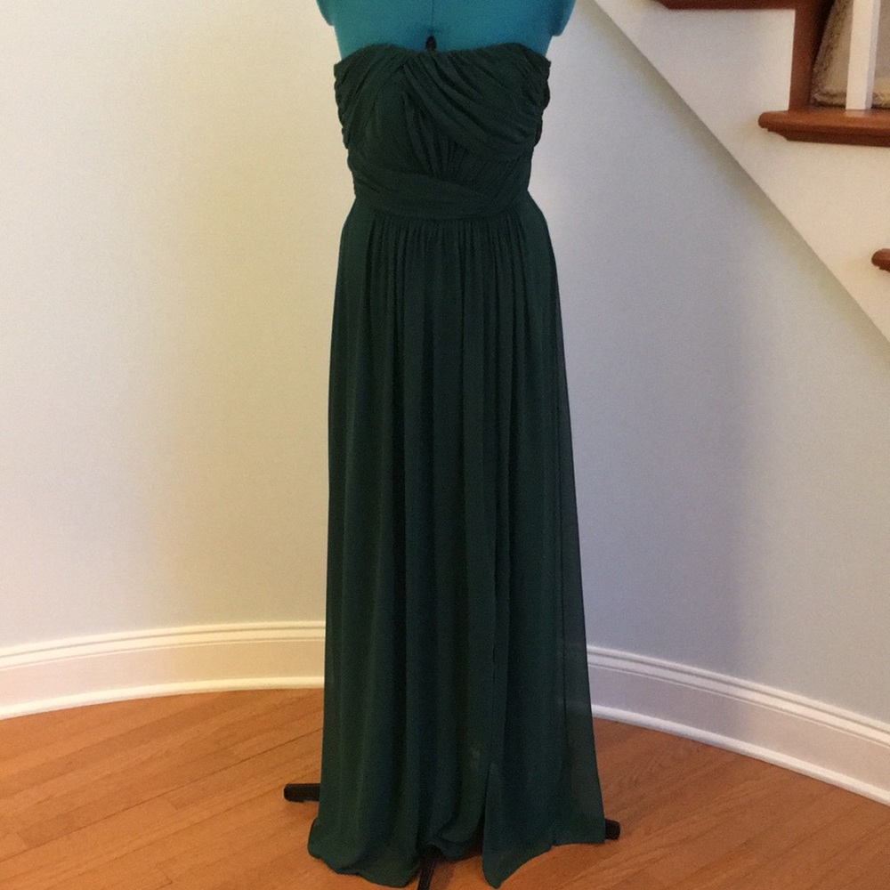 Strapless, hunter green gown with ruching